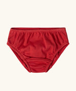 Red briefs from the Little Green Radicals children's organic cotton underwear 3 pack bears design. Brief style pants one navy with a brown bear print, one red and one blue and white stripes.