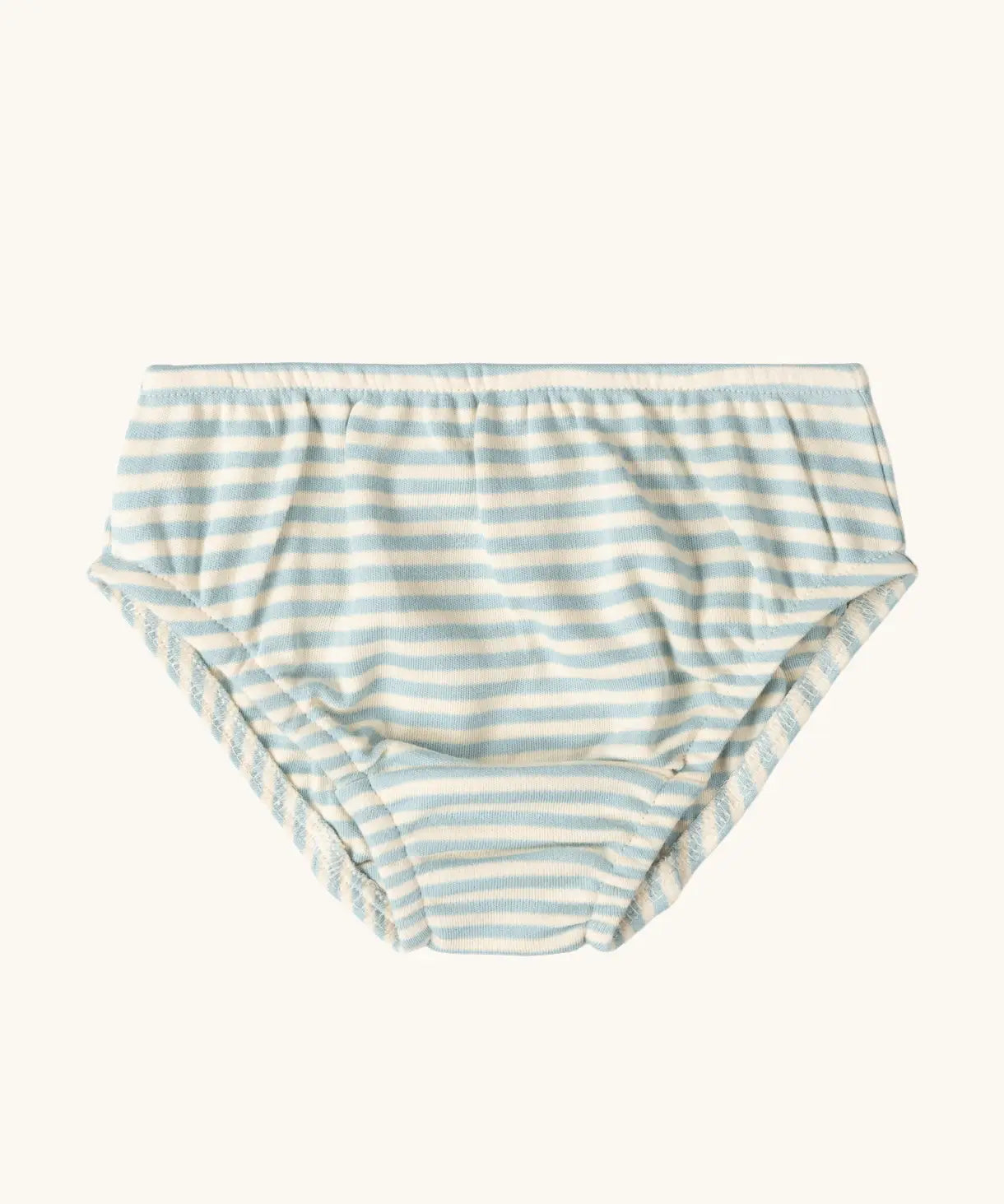 Blue and white striped briefs from the Little Green Radicals children's organic cotton underwear 3 pack bears design. Brief style pants one navy with a brown bear print, one red and one blue and white stripes.