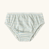 Blue and white striped briefs from the Little Green Radicals children's organic cotton underwear 3 pack bears design. Brief style pants one navy with a brown bear print, one red and one blue and white stripes.