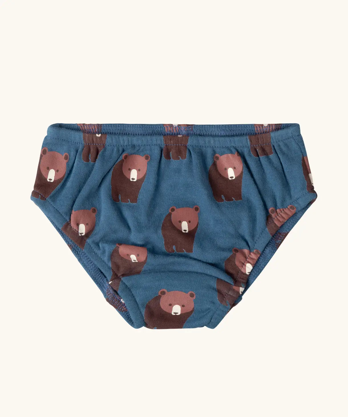 Navy with brown bear print briefs from the Little Green Radicals children's organic cotton underwear 3 pack bears design. Brief style pants one navy with a brown bear print, one red and one blue and white stripes.