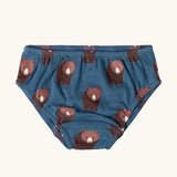 Navy with brown bear print briefs from the Little Green Radicals children's organic cotton underwear 3 pack bears design. Brief style pants one navy with a brown bear print, one red and one blue and white stripes.