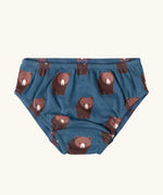 Navy with brown bear print briefs from the Little Green Radicals children's organic cotton underwear 3 pack bears design. Brief style pants one navy with a brown bear print, one red and one blue and white stripes.