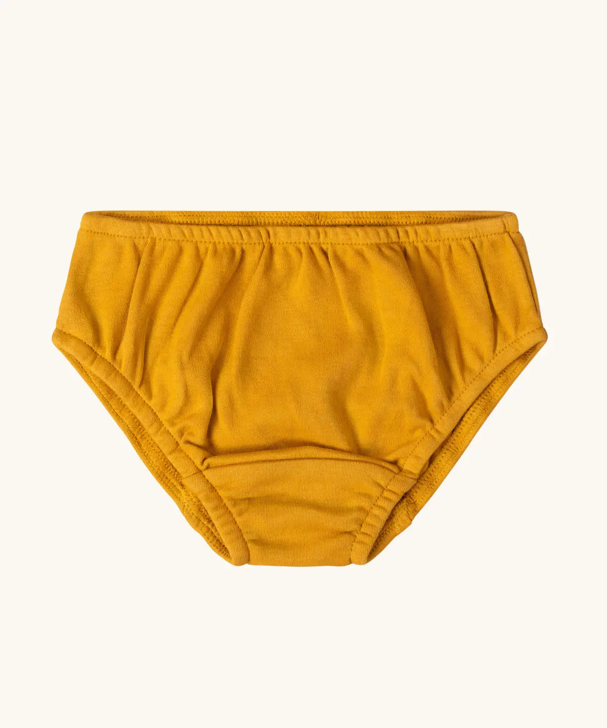 Yellow gold briefs from the Little Green Radicals children's organic cotton underwear 3 pack in penguins design.
