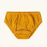 Yellow gold briefs from the Little Green Radicals children's organic cotton underwear 3 pack in penguins design.