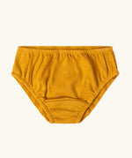 Yellow gold briefs from the Little Green Radicals children's organic cotton underwear 3 pack in penguins design.