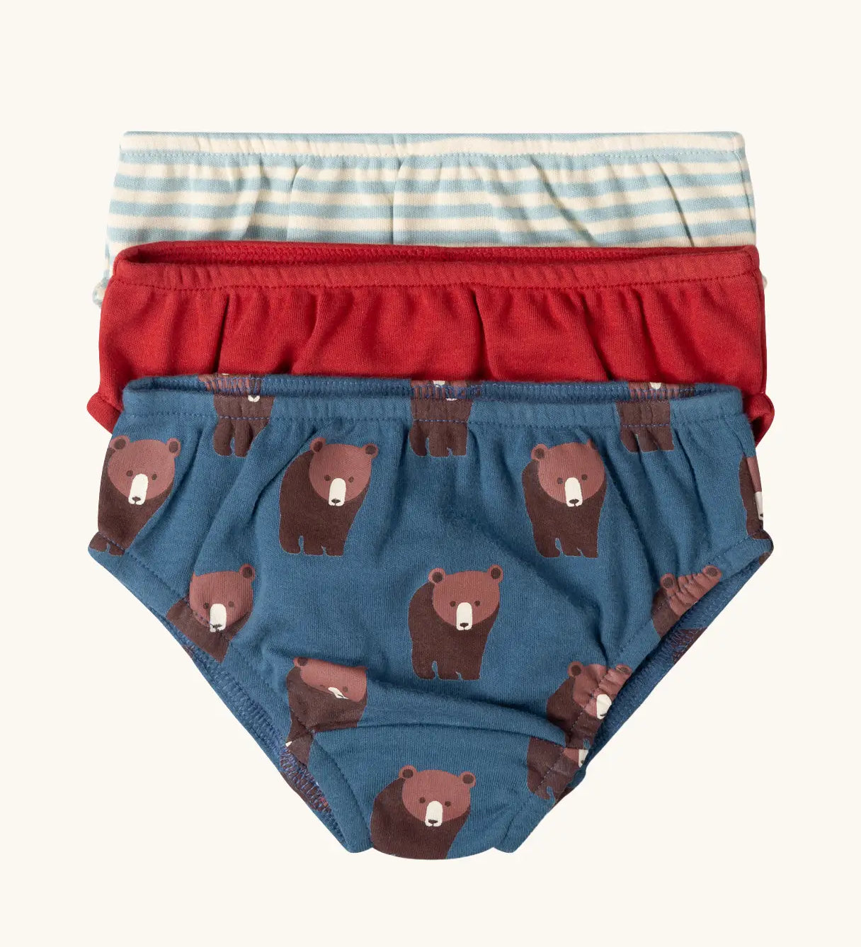 Little Green Radicals children's organic cotton underwear 3 pack bears design. Brief style pants one navy with a brown bear print, one red and one blue and white stripes.