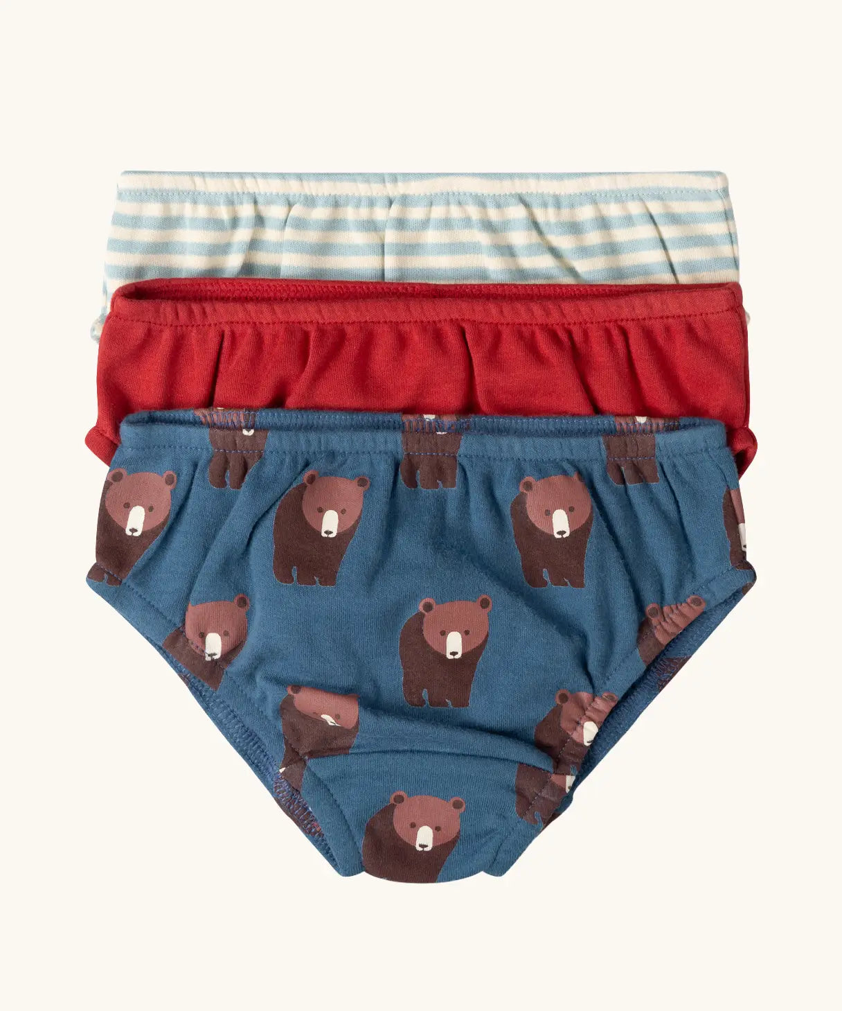 Little Green Radicals children's organic cotton underwear 3 pack bears design. Brief style pants one navy with a brown bear print, one red and one blue and white stripes.