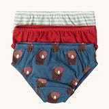 Little Green Radicals children's organic cotton underwear 3 pack bears design. Brief style pants one navy with a brown bear print, one red and one blue and white stripes.
