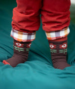 A close up of the retro style flower print socks from the Little Green Radicals Kids Ankle Socks 3 Pack. These organic cotton children's socks are  part of a wide range of organic cotton clothing for children available here at Babipur. 