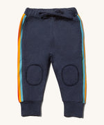 Little Green Radicals Navy Organic Comfy Joggers with a Striped Rainbow stripe on the side