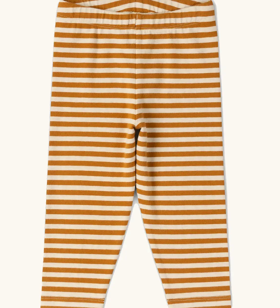 Little Green Radicals children's apricot gold striped organic cotton leggings.