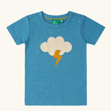 Little Green Radicals every cloud short sleeved blue organic cotton t-shirt. Features a white cloud with yellow lightning strike on the front. 