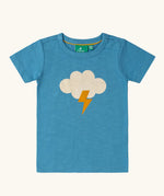Little Green Radicals every cloud short sleeved blue organic cotton t-shirt. Features a white cloud with yellow lightning strike on the front. 