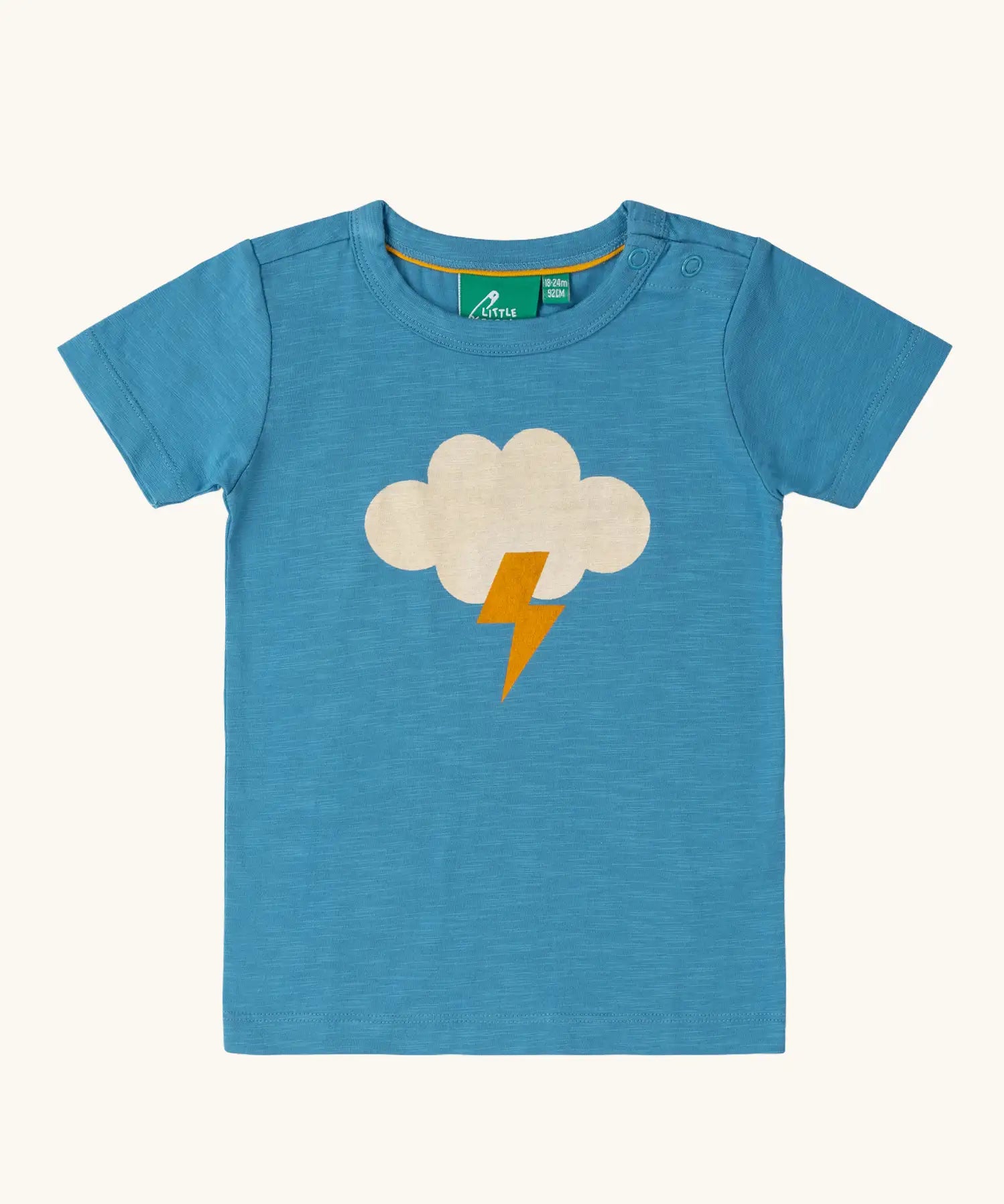 Little Green Radicals every cloud short sleeved blue organic cotton t-shirt. Features a white cloud with yellow lightning strike on the front. 