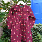 Little Green Radicals Pink Flowers Organic Cotton Sailor Dress hung up on a tree branch outdoors. 