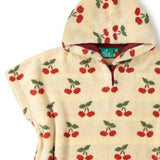 Red lined hood on the Little Green Radicals little cherries organic cotton baby towel poncho.