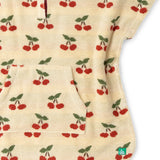 kangaroo pocket on the front of the Little Green Radicals little cherries cream organic cotton kids hooded towel poncho.The poncho has a popper closure on the neck and a kangaroo pocket on the front. 