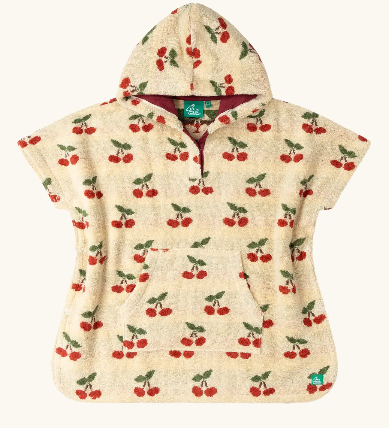 Little Green Radicals little cherries cream organic cotton kids hooded towel poncho.