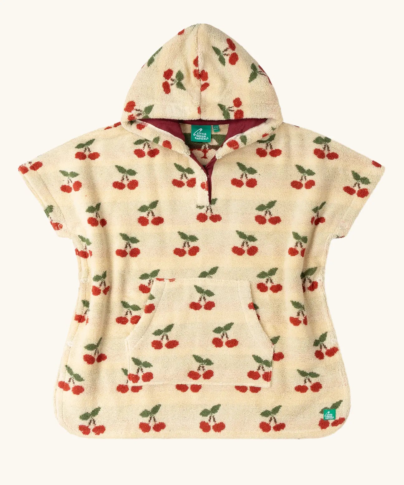 Little Green Radicals little cherries cream organic cotton kids hooded towel poncho.