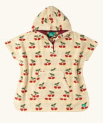 Little Green Radicals little cherries cream organic cotton kids hooded towel poncho.