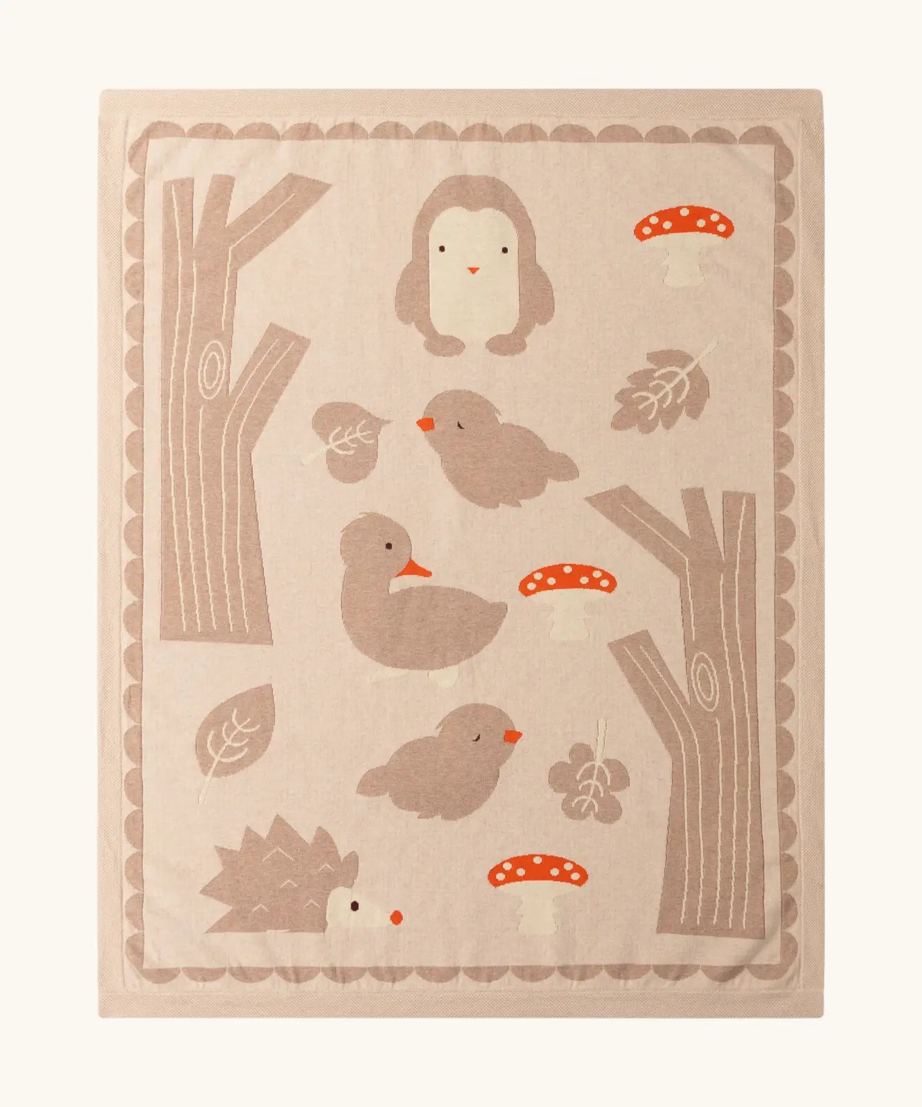 Little Green Radicals cream folk tales knitted organic cotton baby blanket with animals, trees and mushrooms.