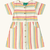 Little Green Radicals children's cream rainbow striped button through front short sleeve dress.