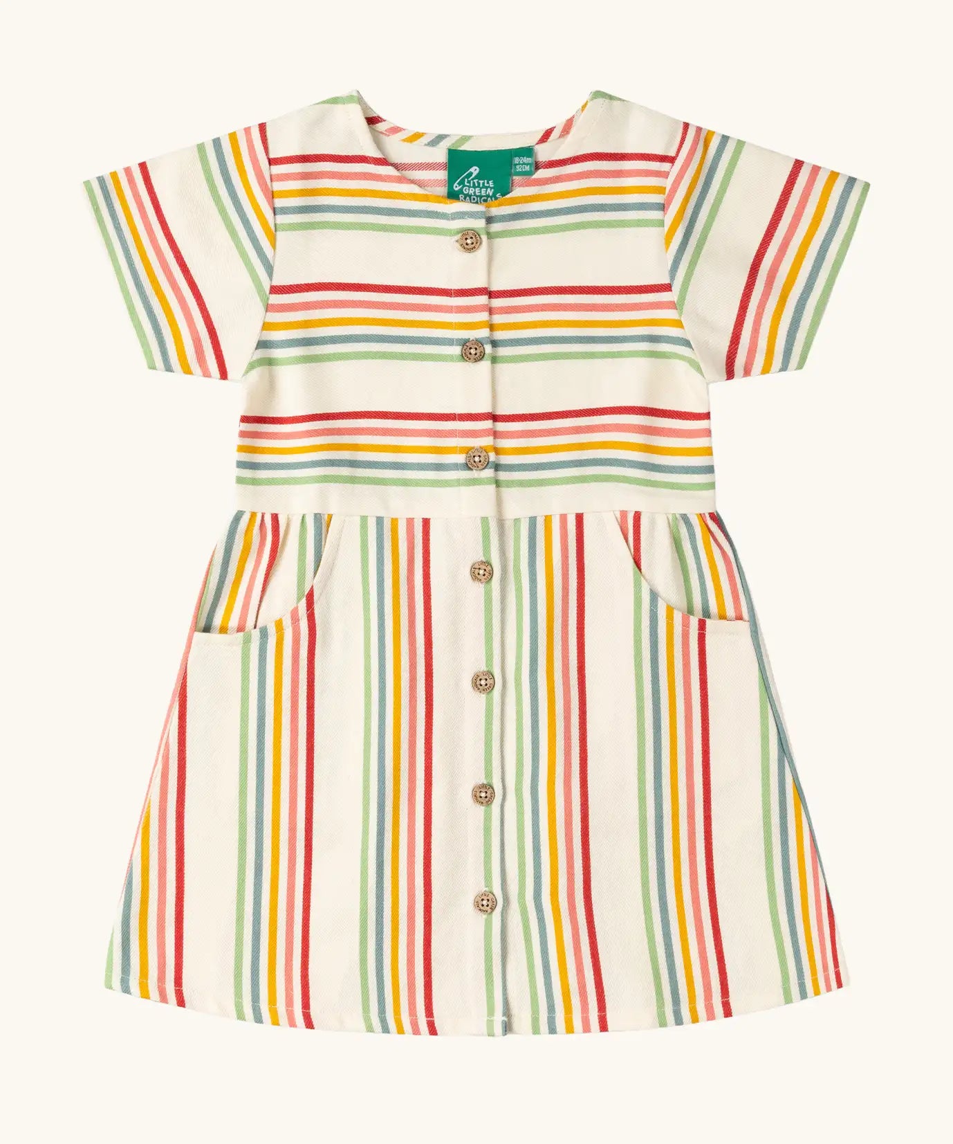 Little Green Radicals children's cream rainbow striped button through front short sleeve dress.