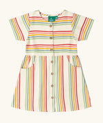 Little Green Radicals children's cream rainbow striped button through front short sleeve dress.
