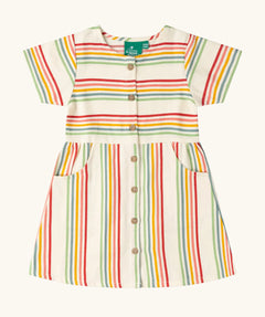 Little Green Radicals children's cream rainbow striped button through front short sleeve dress.