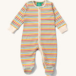 The Little Green Radicals Organic Zip Babygrow with a Cream Rainbow stripe on a plain background.