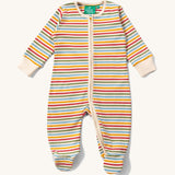 The Little Green Radicals Organic Zip Babygrow with a Cream Rainbow stripe on a plain background.