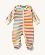 The Little Green Radicals Organic Zip Babygrow with a Cream Rainbow stripe on a plain background.