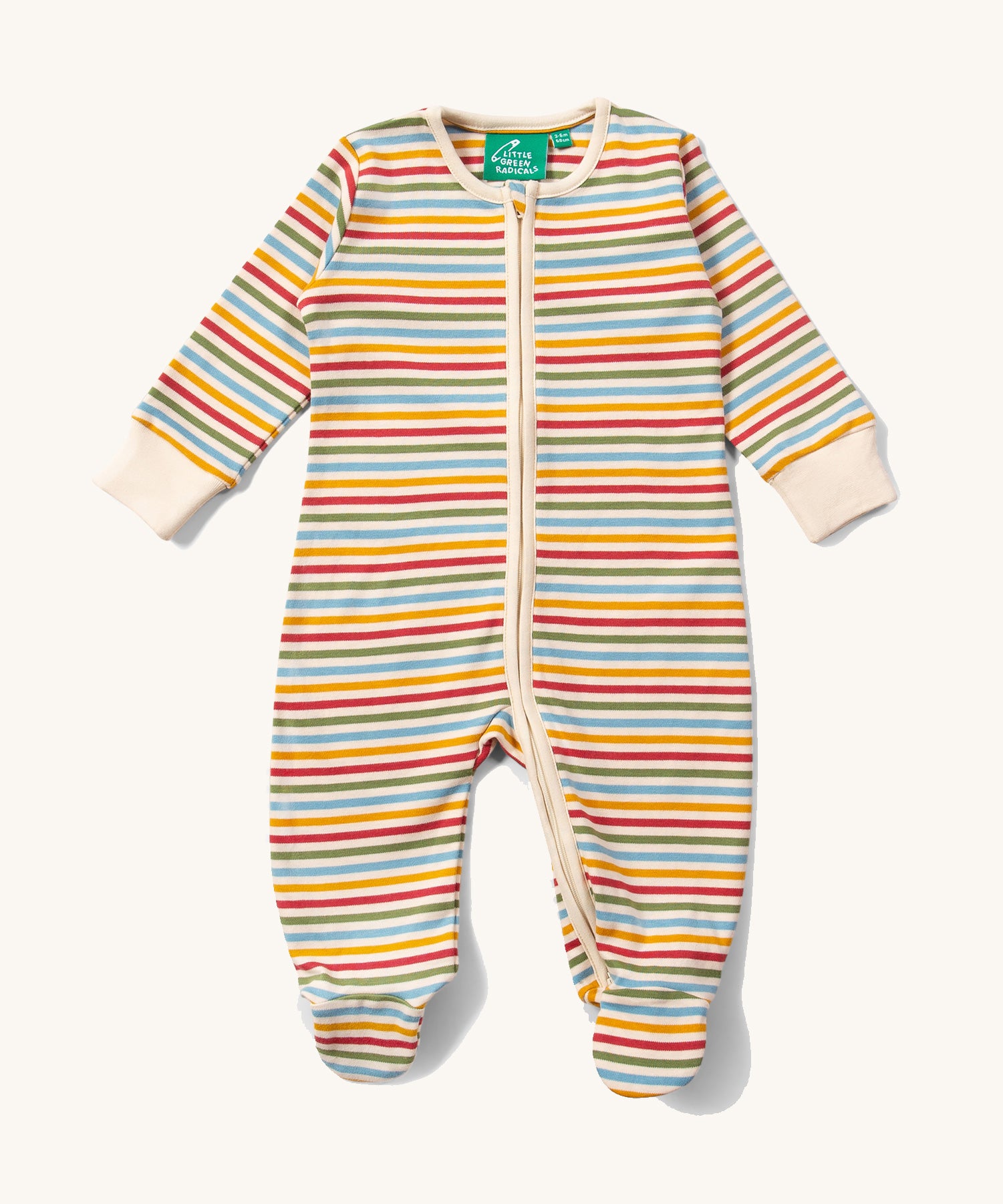The Little Green Radicals Organic Zip Babygrow with a Cream Rainbow stripe on a plain background.