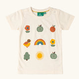 Little Green Radicals cream vintage style kids organic cotton t-shirt with 9 different nature themed illustrations on the front.