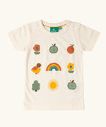 Little Green Radicals cream vintage style kids organic cotton t-shirt with 9 different nature themed illustrations on the front.