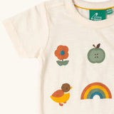 Close up of the Little Green Radicals cream vintage style kids organic cotton t-shirt showing the printed details on the front.