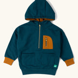 Little Green Radicals children's atlantic deep blue organic cotton quarter zip hoodie with yellow cuffs and chest pocket.