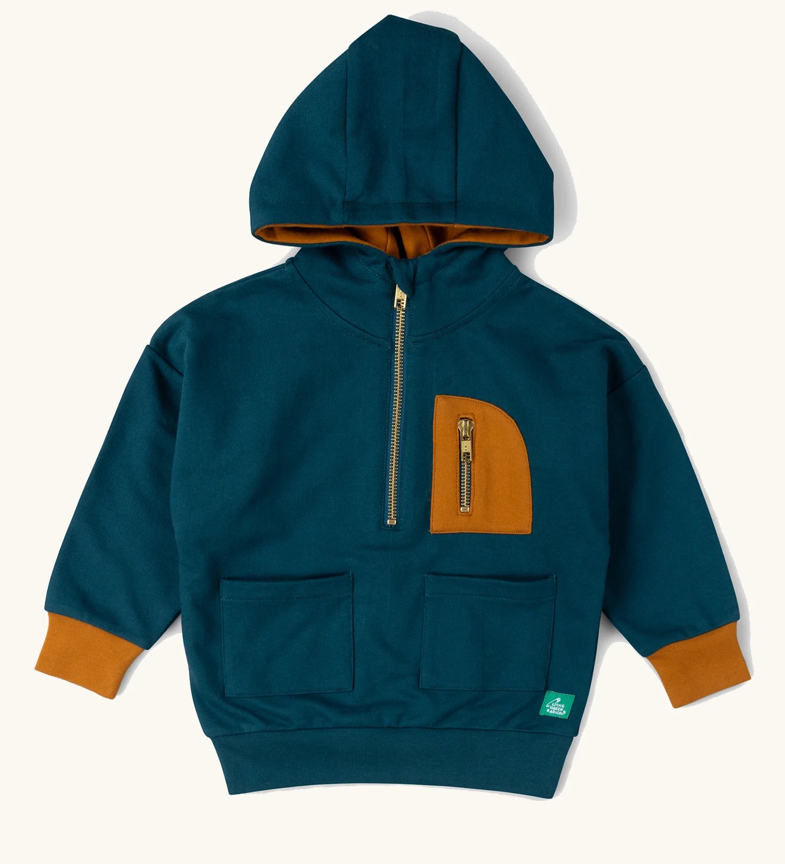 Little Green Radicals children's atlantic deep blue organic cotton quarter zip hoodie with yellow cuffs and chest pocket.