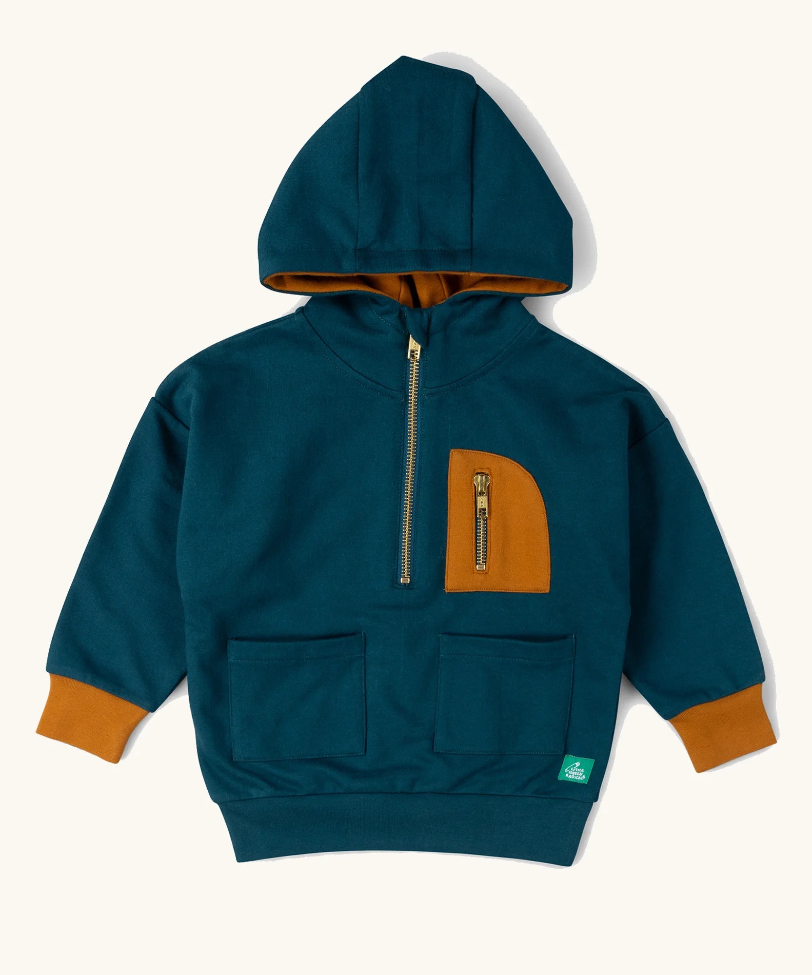 Little Green Radicals children's atlantic deep blue organic cotton quarter zip hoodie with yellow cuffs and chest pocket.