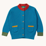 A Little Green Radicals From One To Another Deep Blue Colour Block Knitted Cardigan. This organic cotton cardigan is part of a wide range of organic cotton, Fairtrade children's clothing and outerwear available here at Babipur.