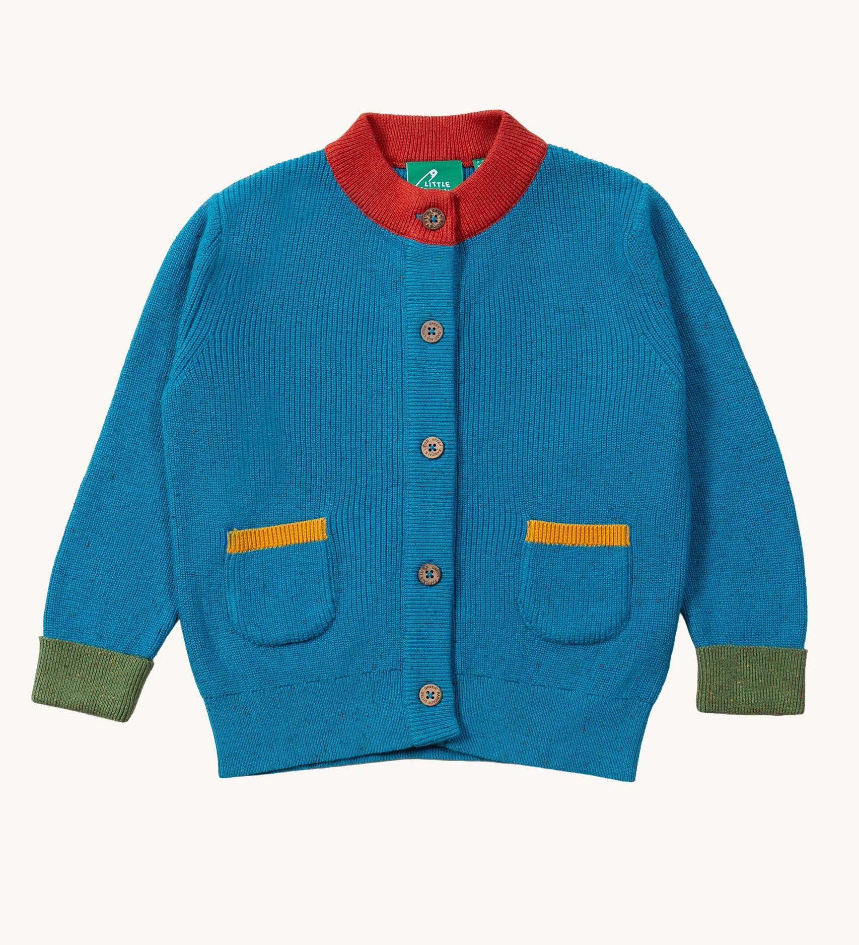 A Little Green Radicals From One To Another Deep Blue Colour Block Knitted Cardigan. This organic cotton cardigan is part of a wide range of organic cotton, Fairtrade children's clothing and outerwear available here at Babipur.