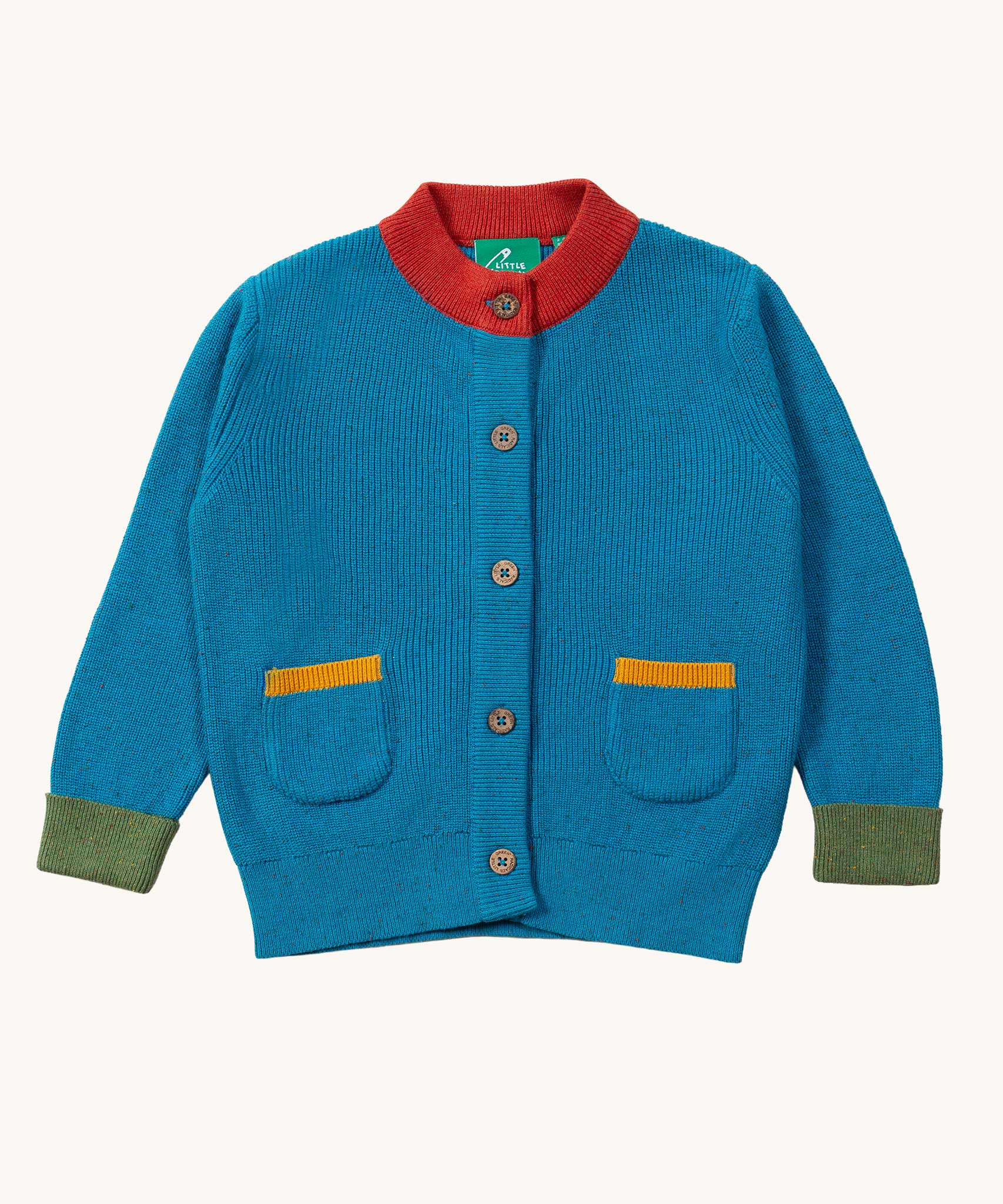 A Little Green Radicals From One To Another Deep Blue Colour Block Knitted Cardigan. This organic cotton cardigan is part of a wide range of organic cotton, Fairtrade children's clothing and outerwear available here at Babipur.
