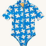 Little Green Radicals Diving And Splashing bird print Kids UPF 50+ Sunsafe Short Sleeve Swimsuit