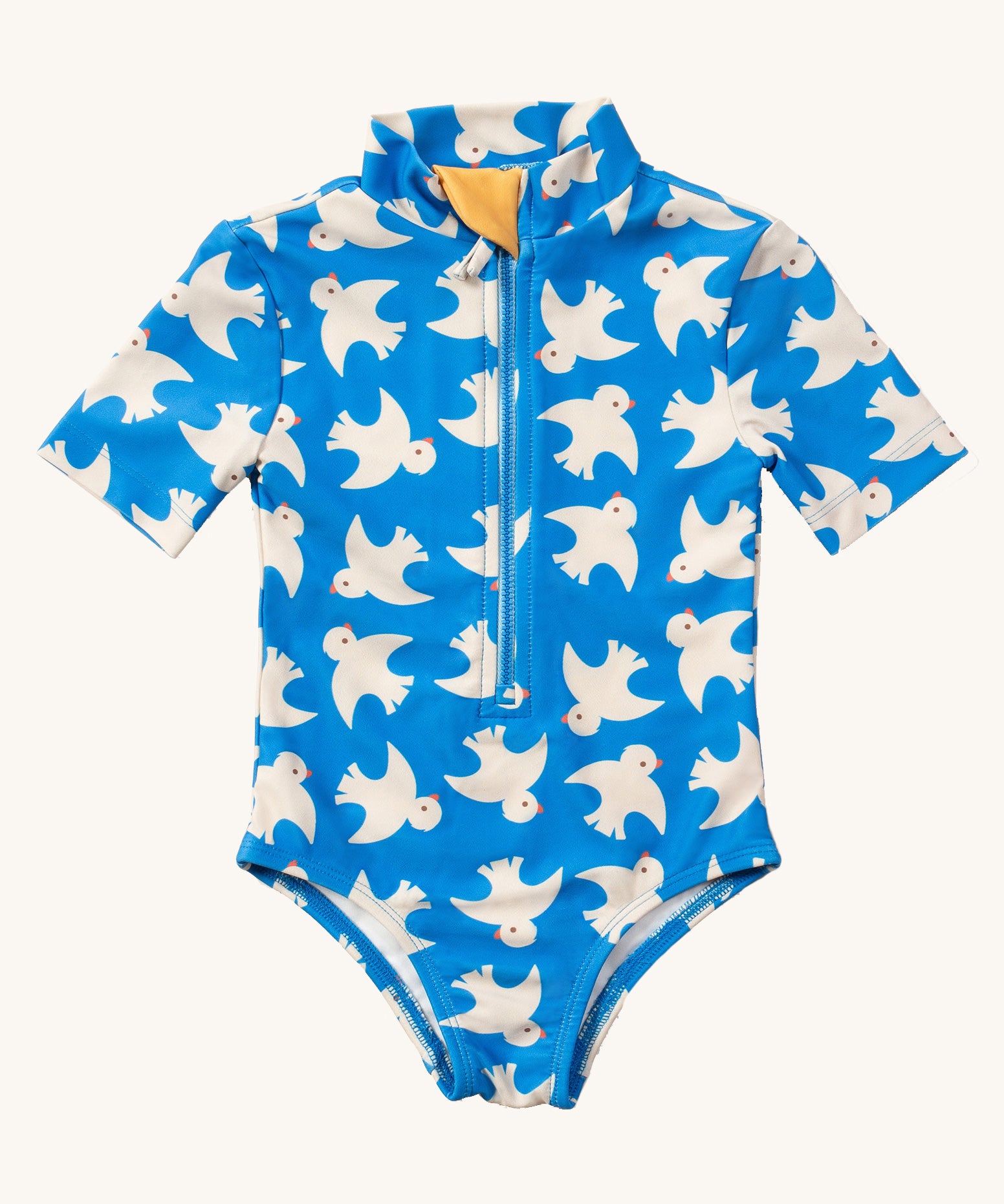 Little Green Radicals Diving And Splashing bird print Kids UPF 50+ Sunsafe Short Sleeve Swimsuit