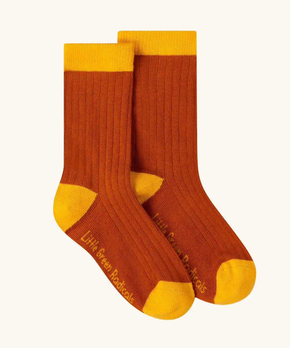 Rust orange socks from the Little Green Radicals ducks organic cotton socks 5 pack.