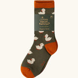 Duck pattern socks from the Little Green Radicals ducks organic cotton socks 5 pack in their card sleeve packaging.