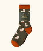 Duck pattern socks from the Little Green Radicals ducks organic cotton socks 5 pack in their card sleeve packaging.