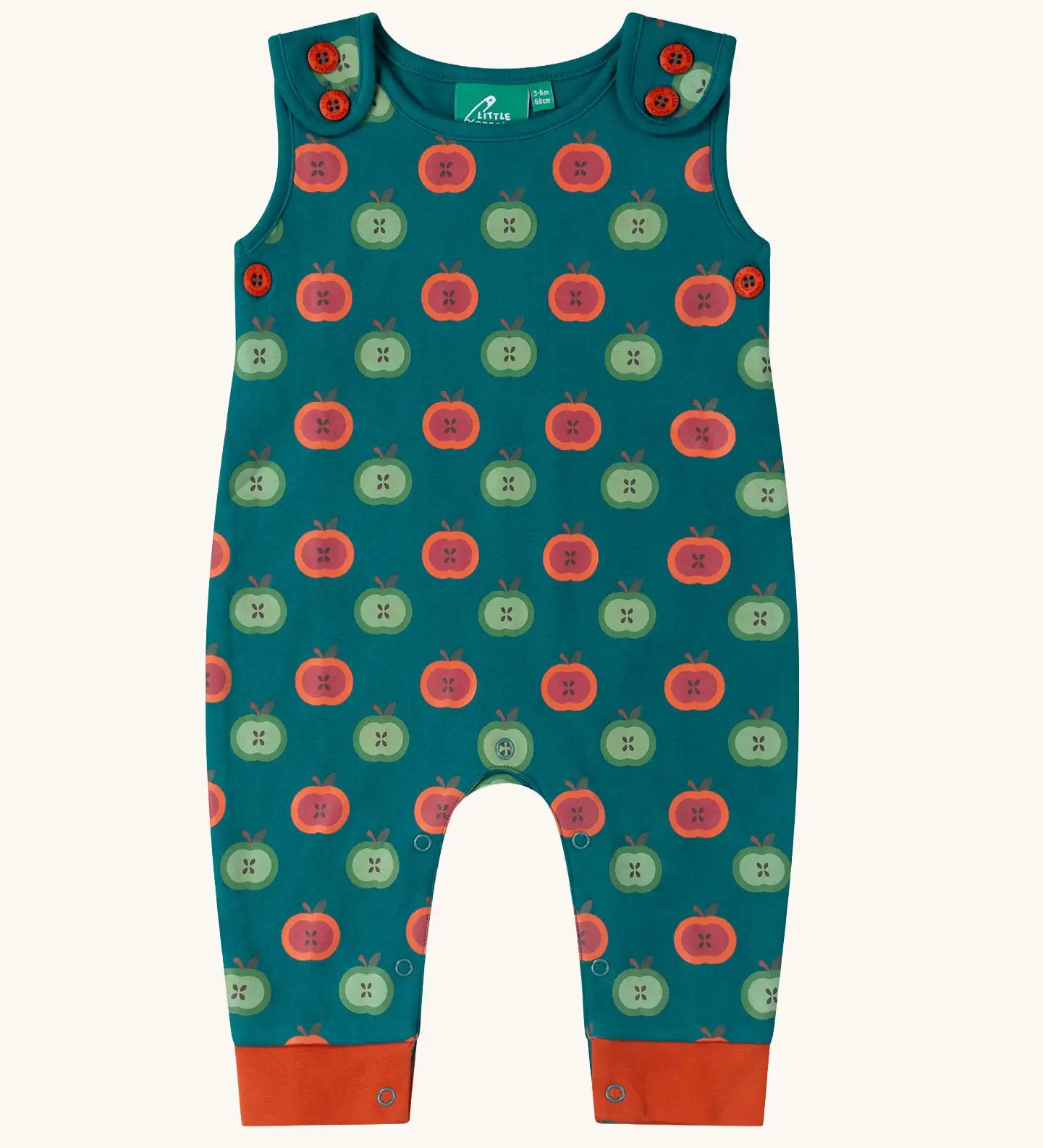 Little Green Radicals apple picking repeat print everyday organic cotton dungarees.