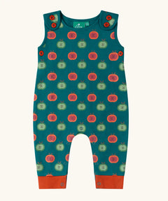 Little Green Radicals apple picking repeat print everyday organic cotton dungarees.