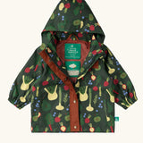 Little Green Radicals feast waterproof recycled kids raincoat. Dark green jacket with vegetable print.